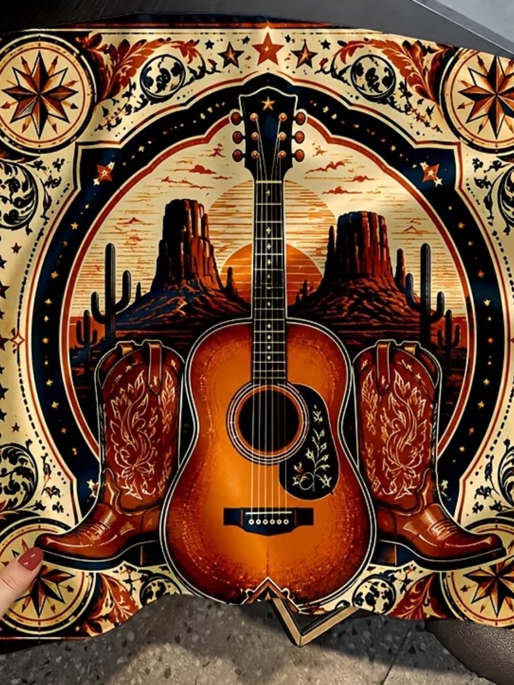Western Guitar & Boots Print Square Scarf in Brown and Orange